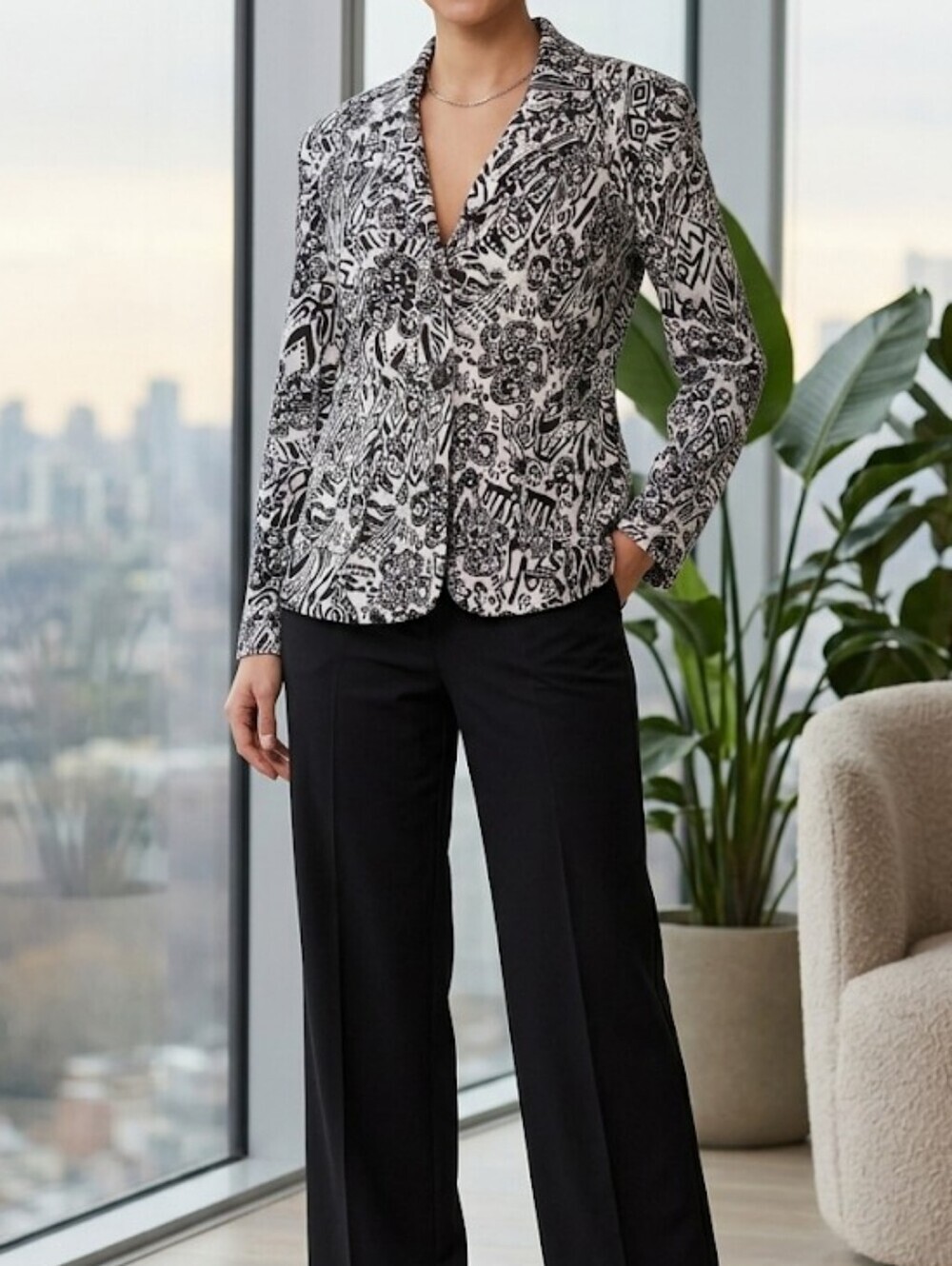Sag Harbor Black and White Floral-Pattern Button Down Blazer Size 14